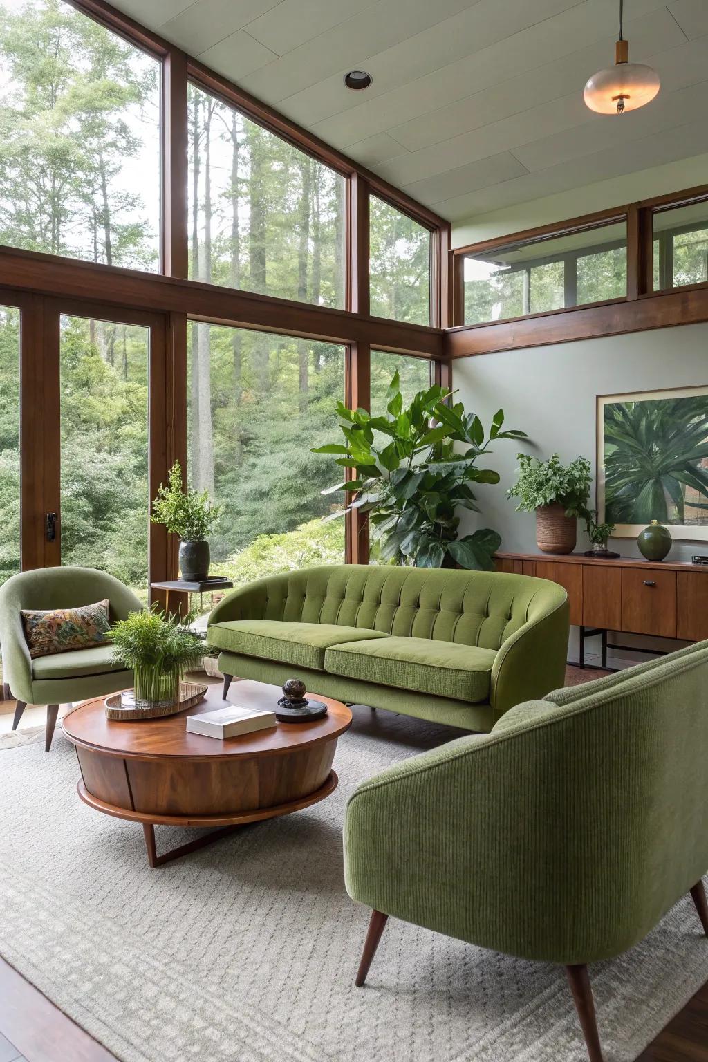 Olive green accents bring an authentic mid-century feel to this living space.