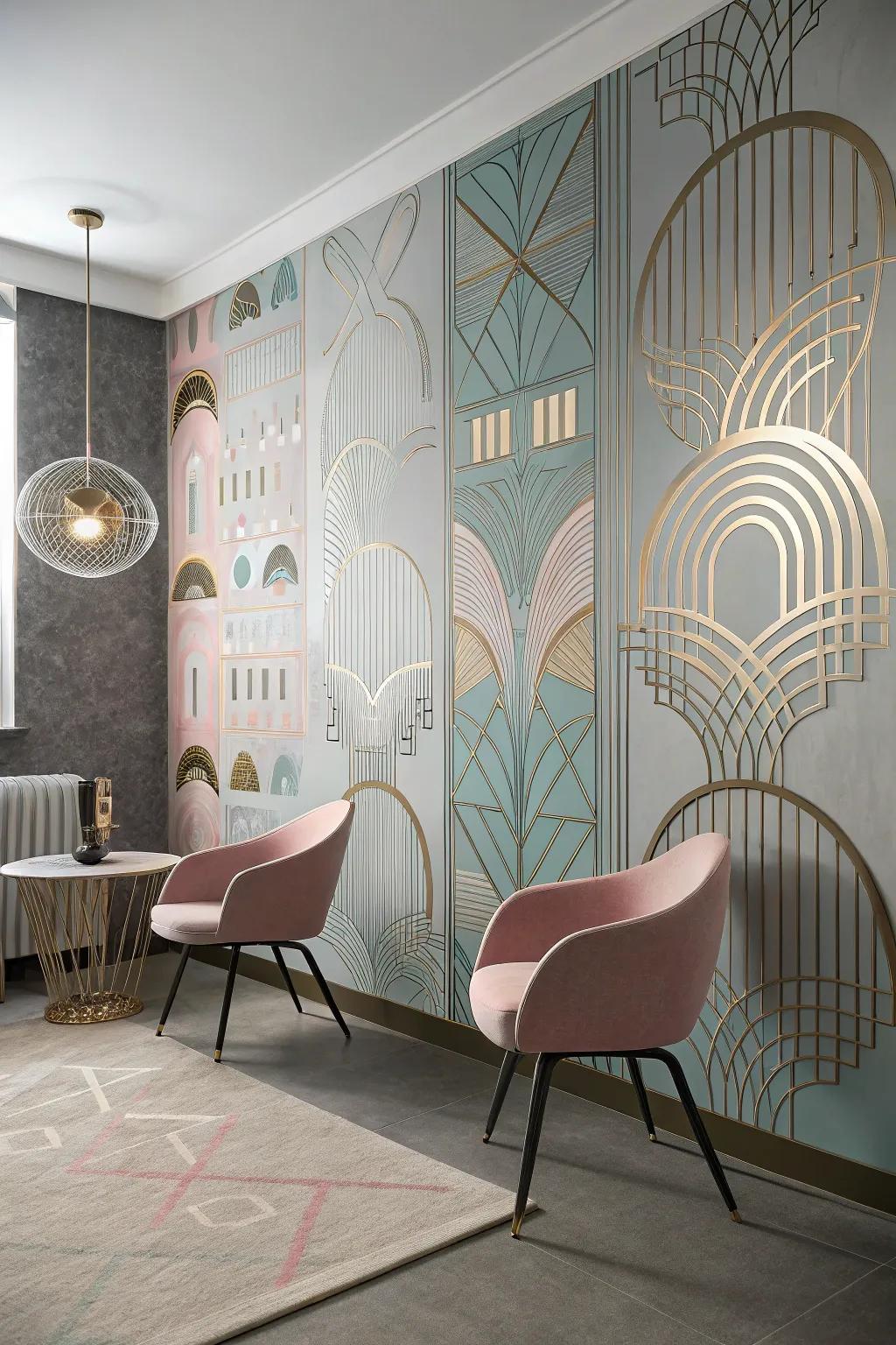 Futuristic space with sci-fi mid-century wallcovering.