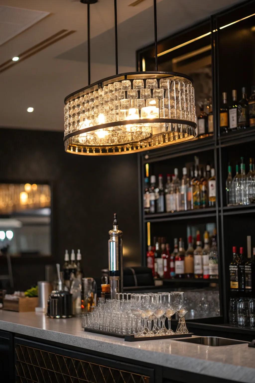 An eye-catching light fixture turns into the centerpiece of the home bar.