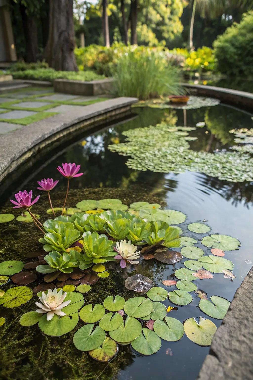 A lively mini pond showing a choice of water life.