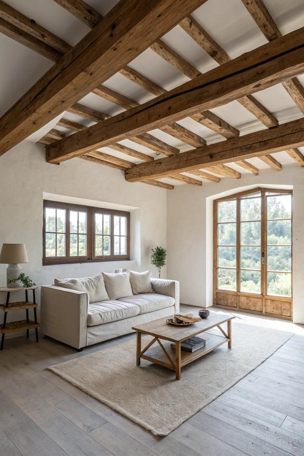 Structural components contribute character and depth to minimalist living spaces.