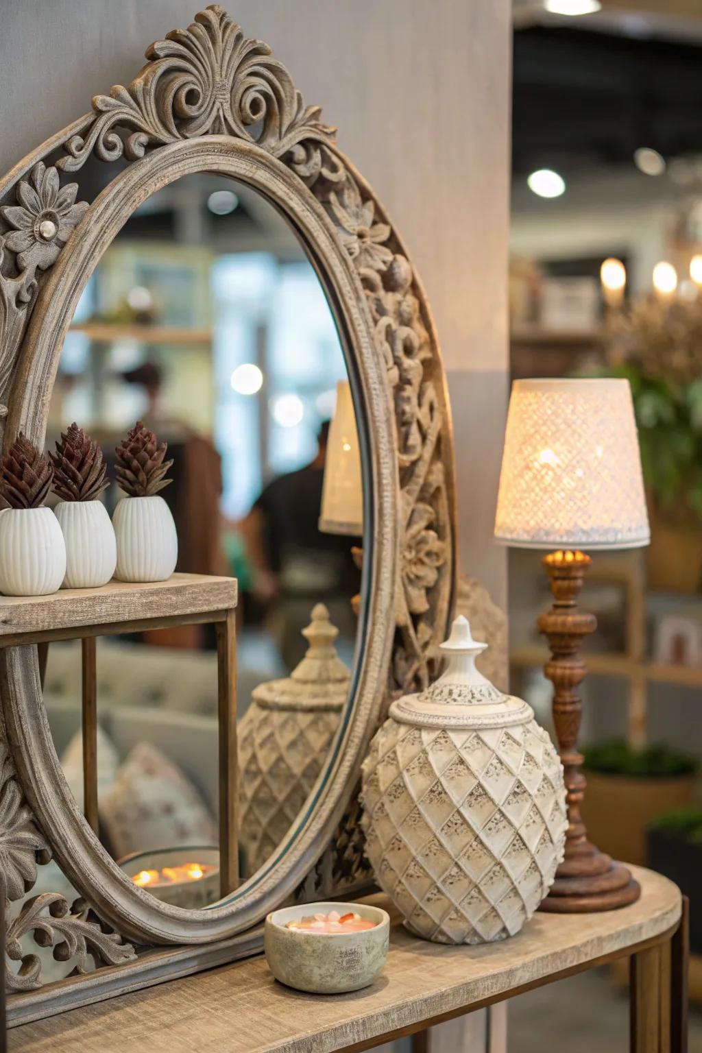 An artistic mirror enhanced with a sculptural ledge, crafted for a bold design statement.
