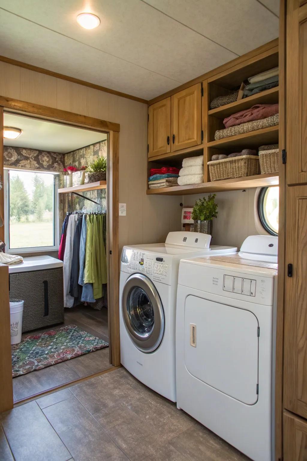 A nicely equipped laundry space featuring washer, dryer, and stowing, rendering laundry tasks convenient.