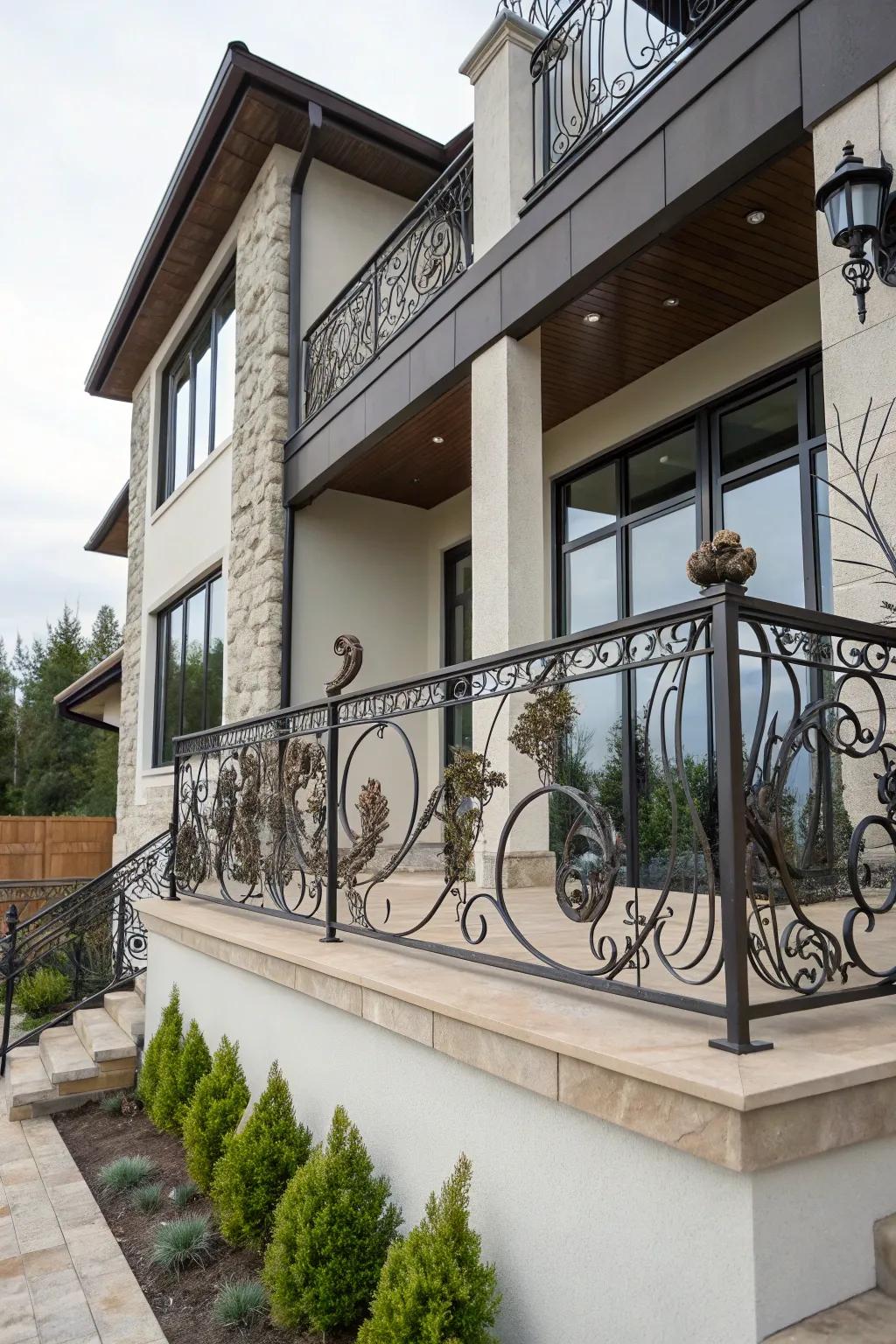 Balcony border made of artistic iron sculptures with a contemporary home exterior