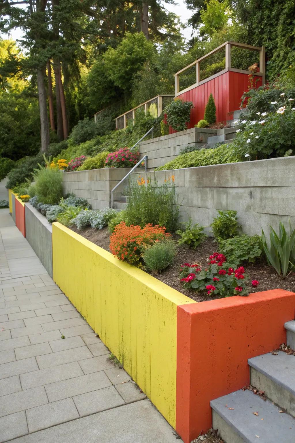 Concrete wall featuring bold color pops for a vibrant aesthetic.