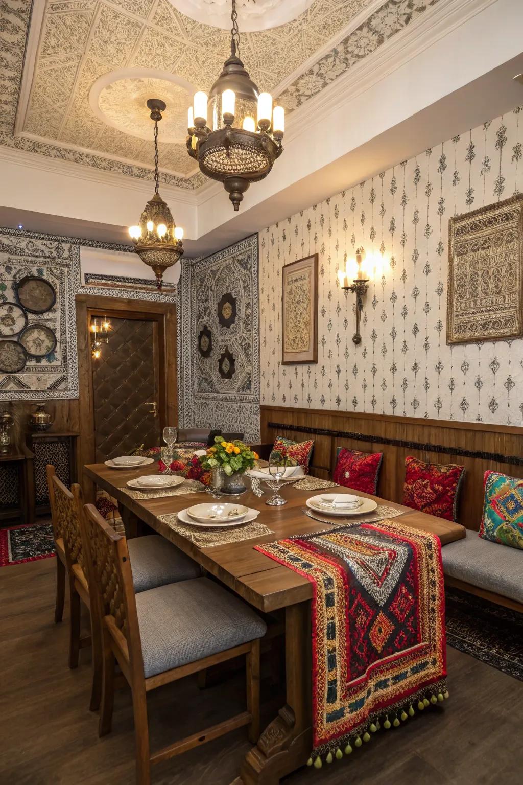 Cultural elements contribute a personalized and distinct essence to the dining room.
