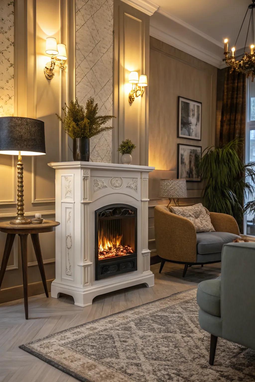 A modern living room showcases a vintage-inspired electric fireplace, adding a touch of nostalgia.