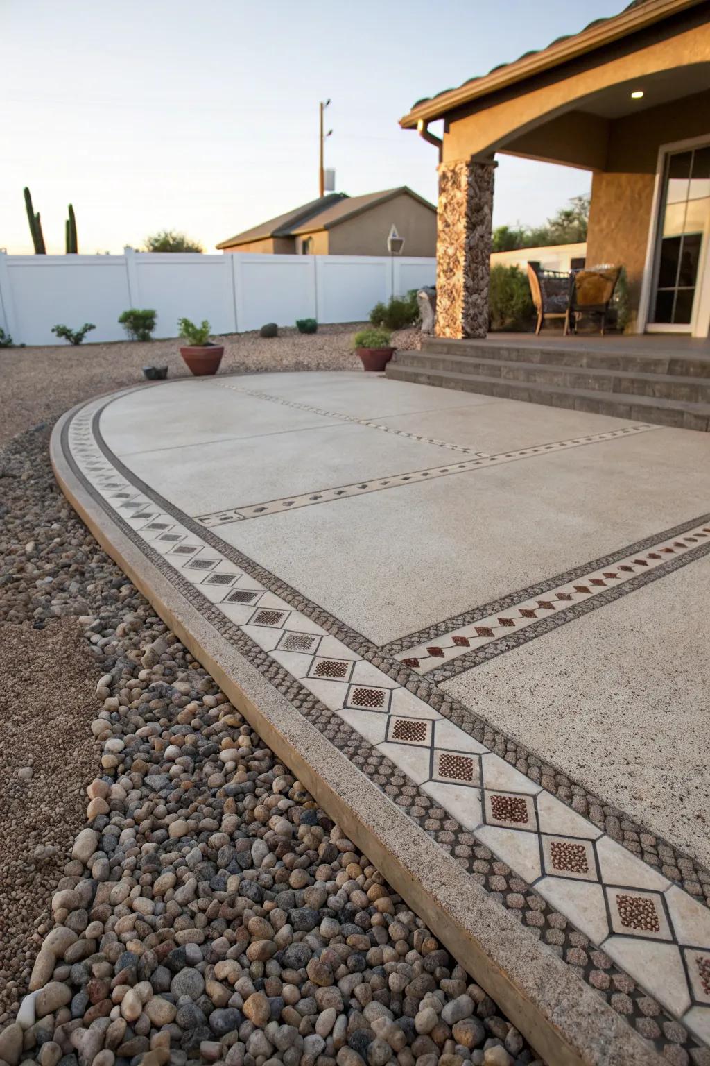 Patterned edges define the patio's borders.
