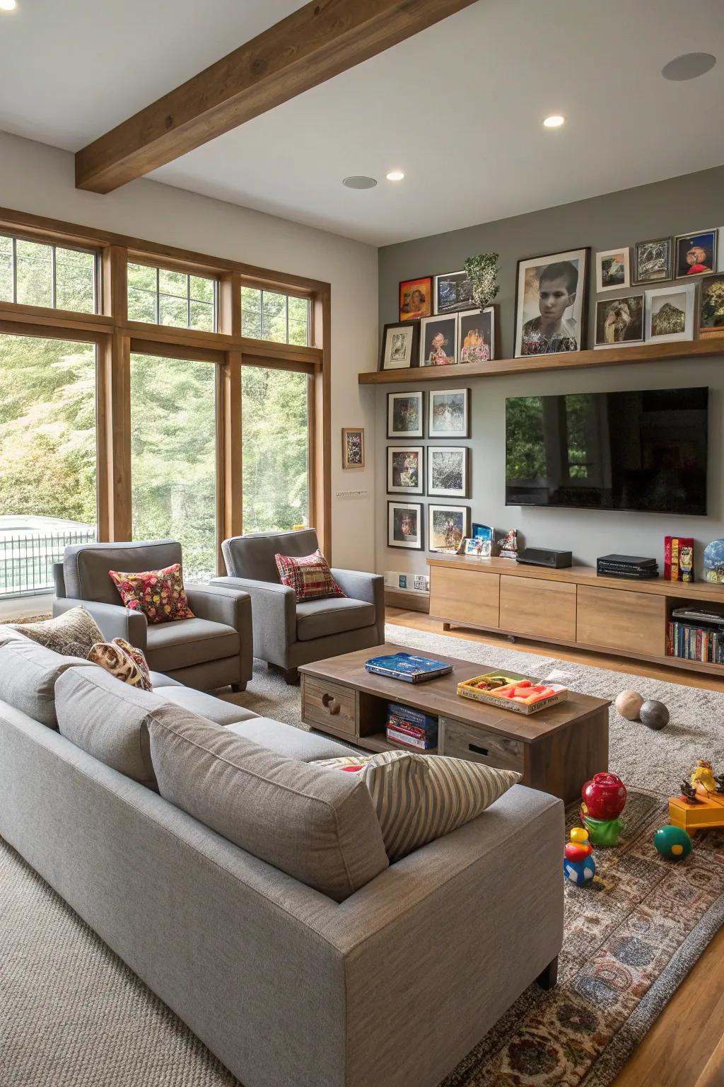 A family-friendly layout that promotes interaction and connection in a modern family room.