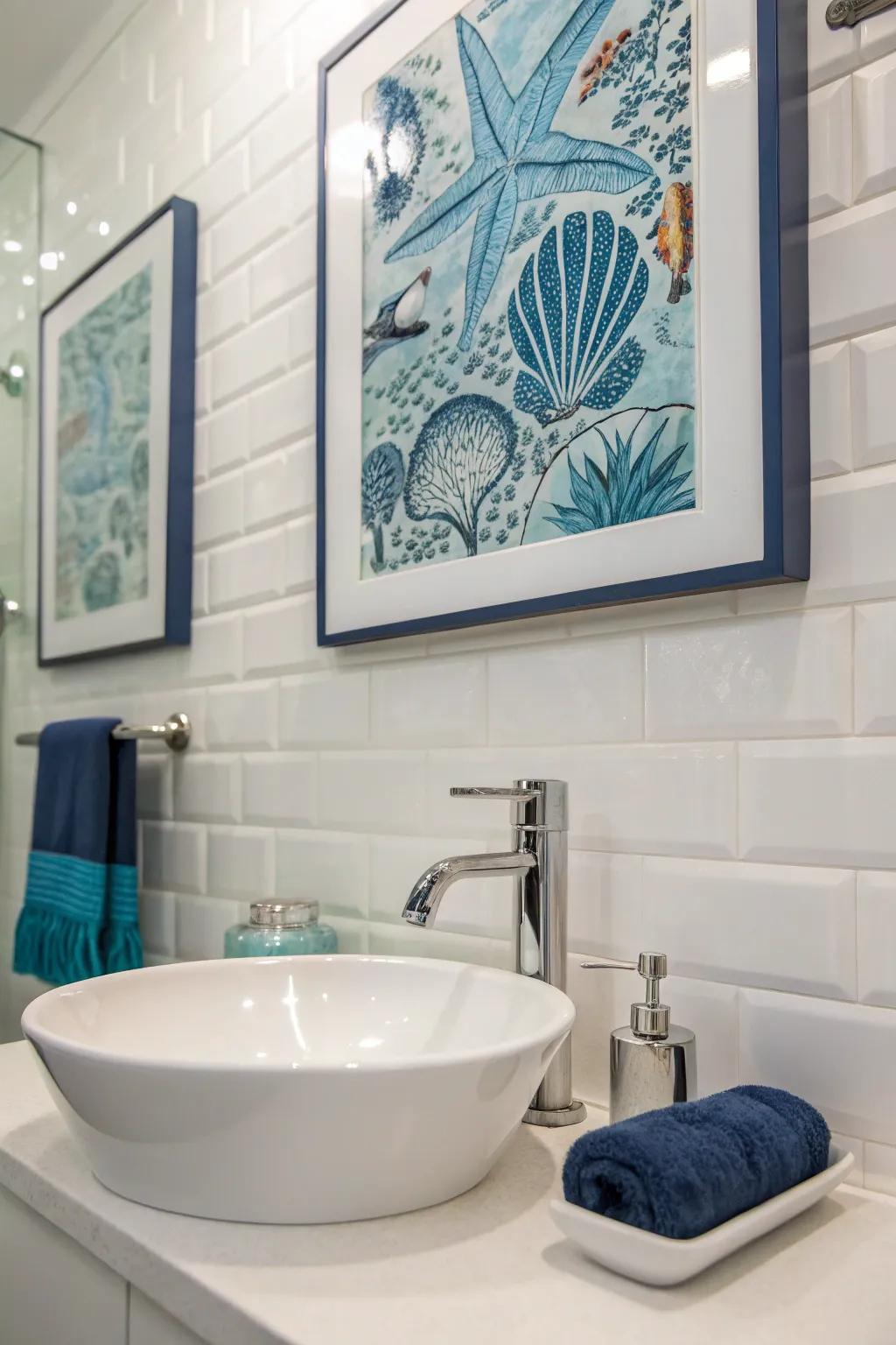 A pop of blue color in artwork in a washroom.