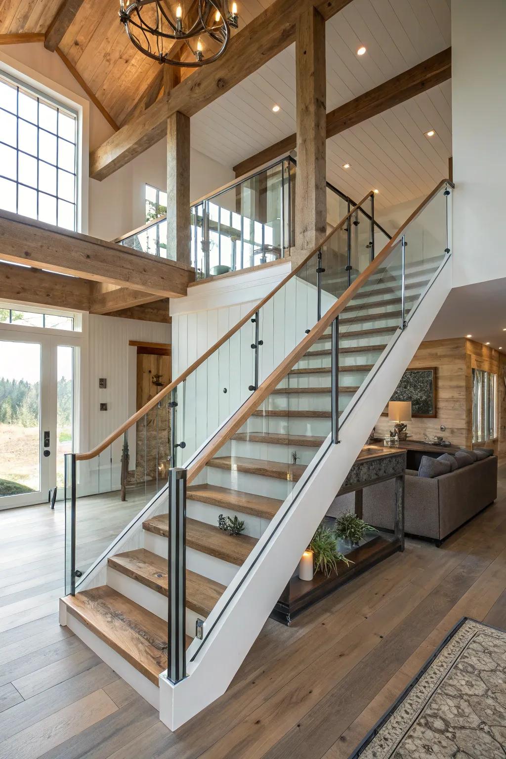 A staircase with glass railings, offering a contemporary and open feel.