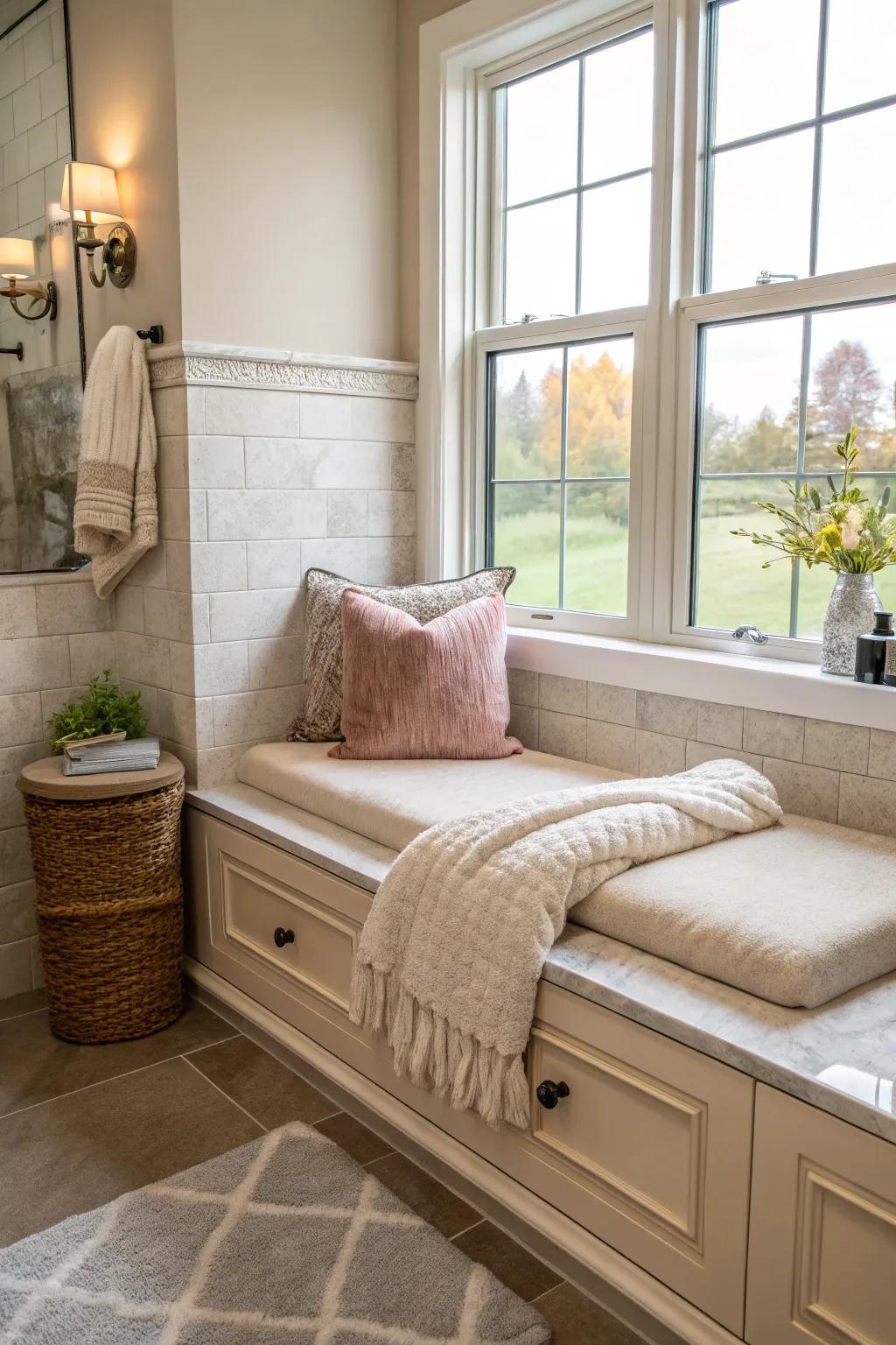 A bathroom exhibiting a relaxing nook with a cushioned bench for appended comfort.