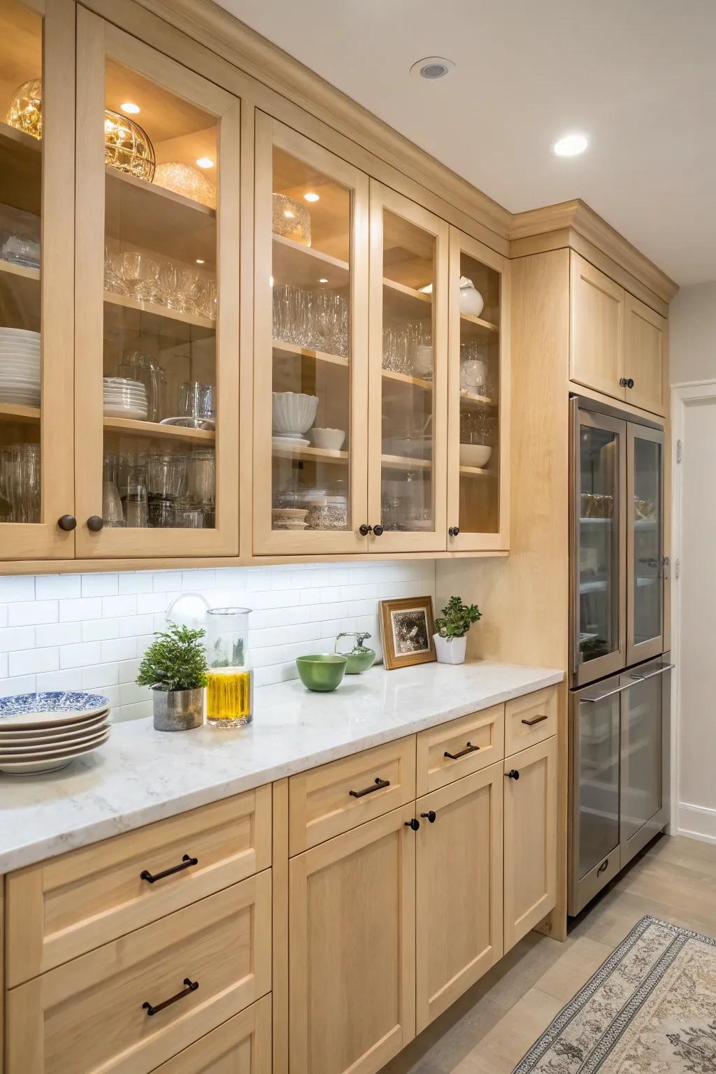 Glass cabinet doors enhance openness and display options in a kitchen.