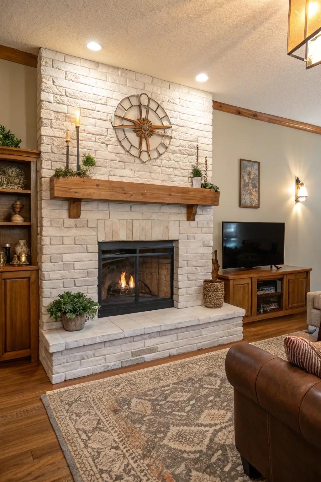 Organic elements add warmth to a painted brick fireplace.