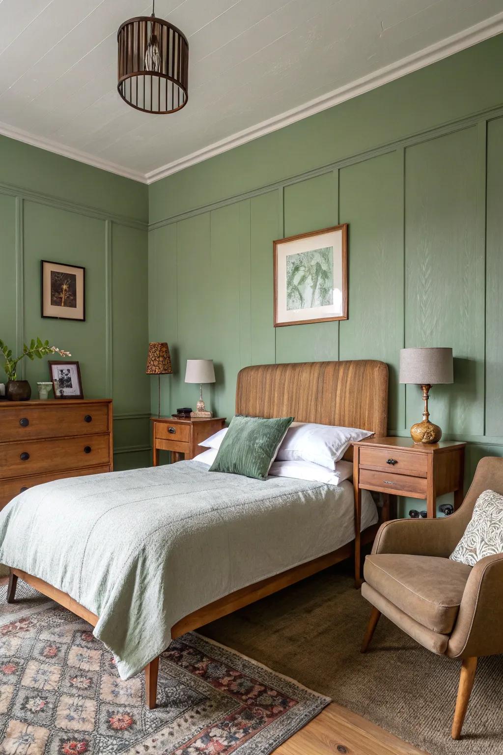 Soft green and mid-century modern design craft a stylish retreat.