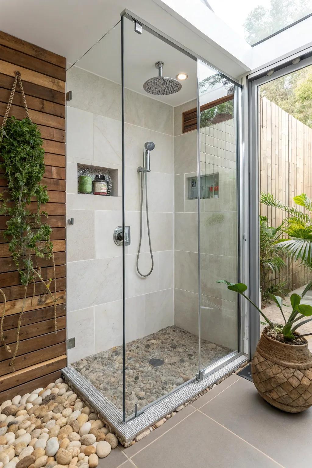 An earth-friendly shower featuring sustainable materials and water-saving fixtures.