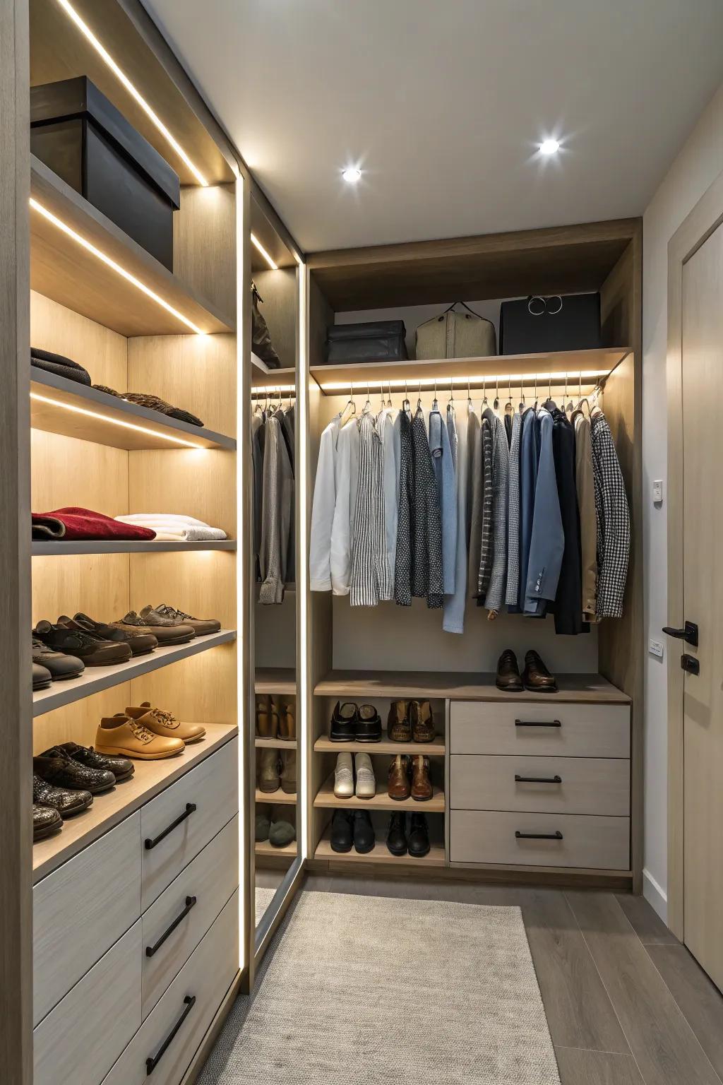 Integrated lighting gracefully highlights your wardrobe.