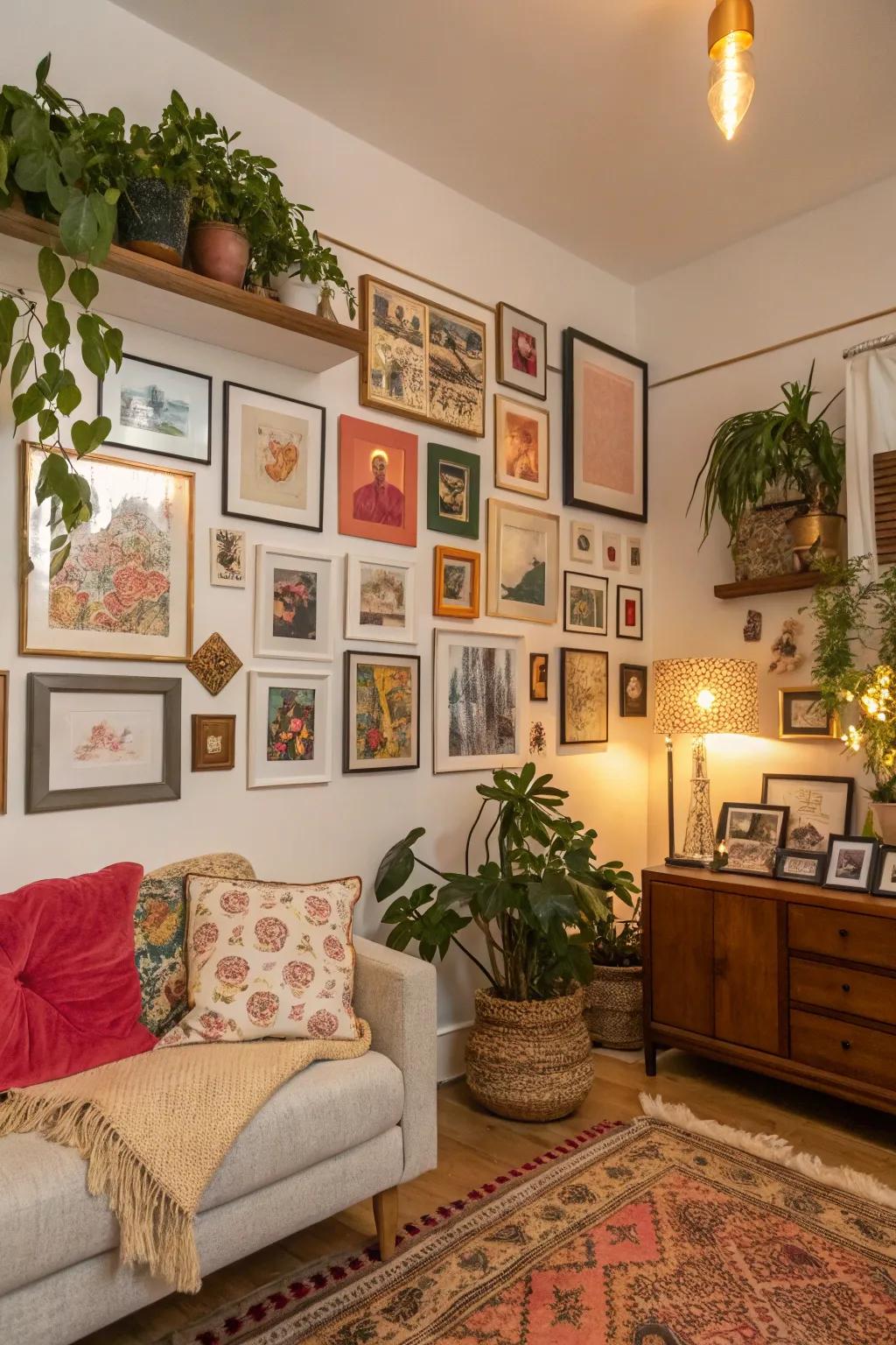 A gallery wall contributes a personal and evolving element.