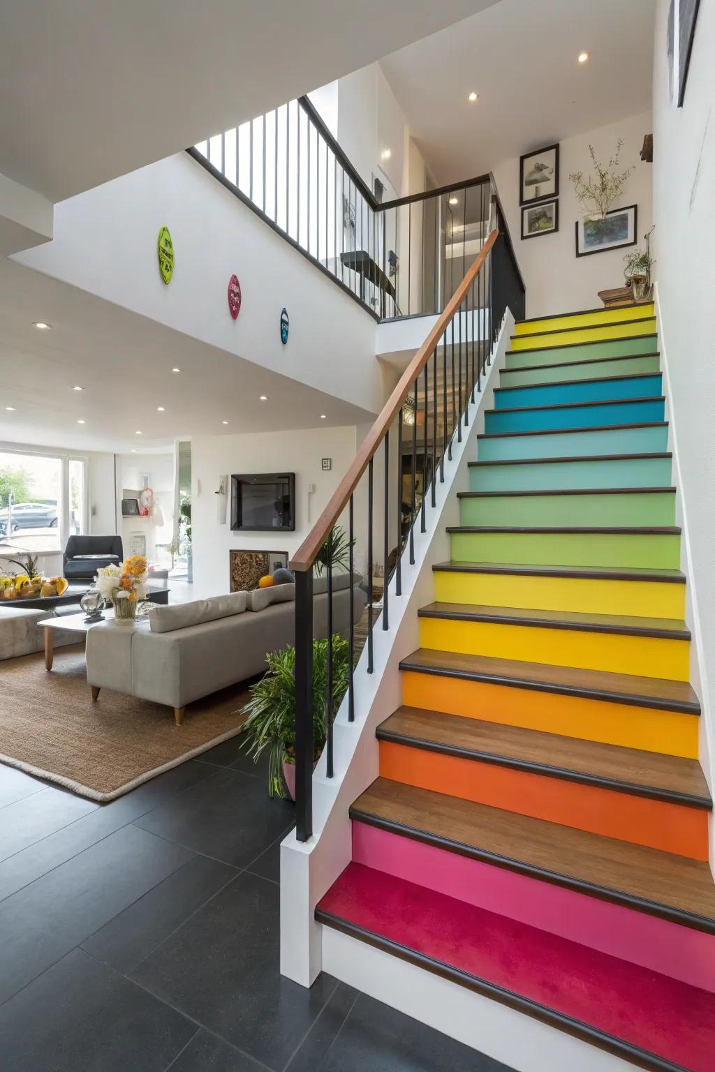 Bold colors turn staircases into vibrant focal points.