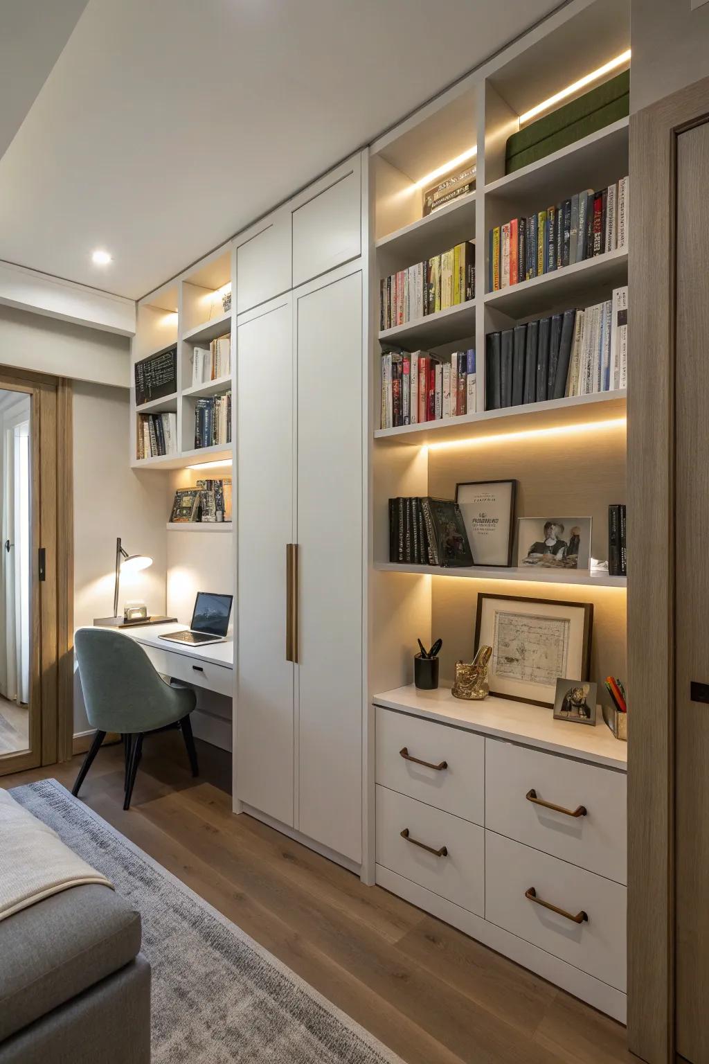A well-organized study featuring smart storage.