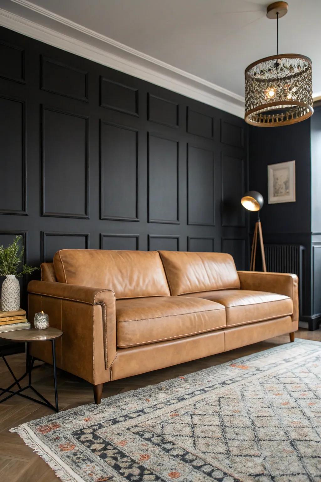 Dim partitions forge a striking juxtaposition through a russet hide settee.