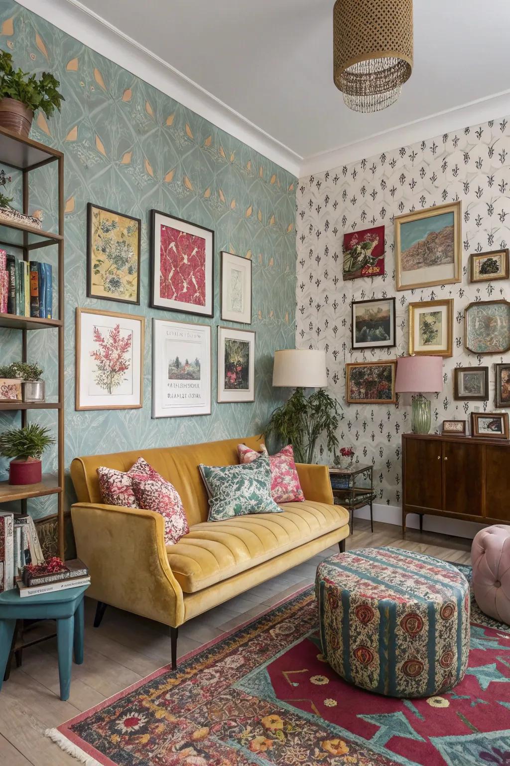 Assorted mix and match wall decor creates a unique room.