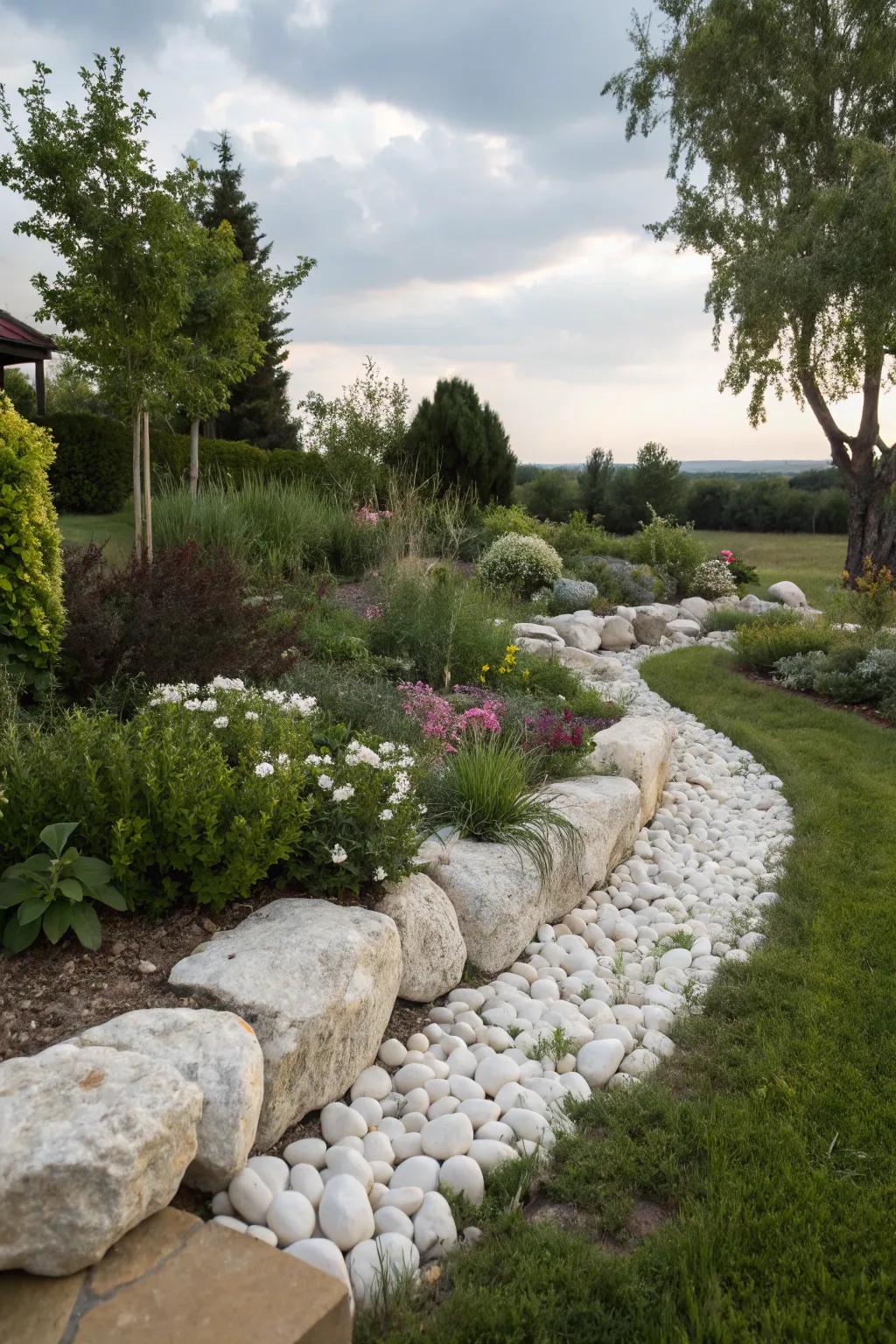 A garden with natural stone borders complementing pale stones, blending rustic and modern elements.