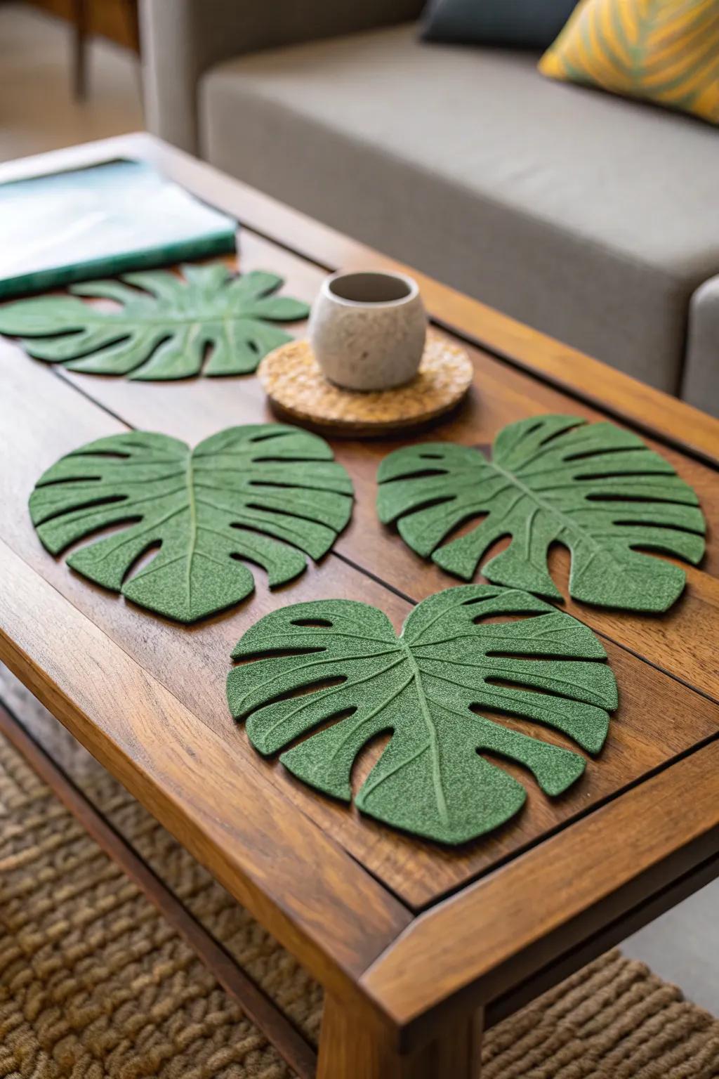 Distinctive coasters made of monstera leaves.