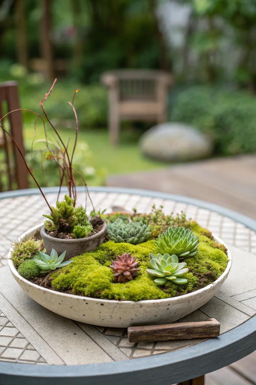A breathtaking moss and succulent amalgamation within a shallow dish.