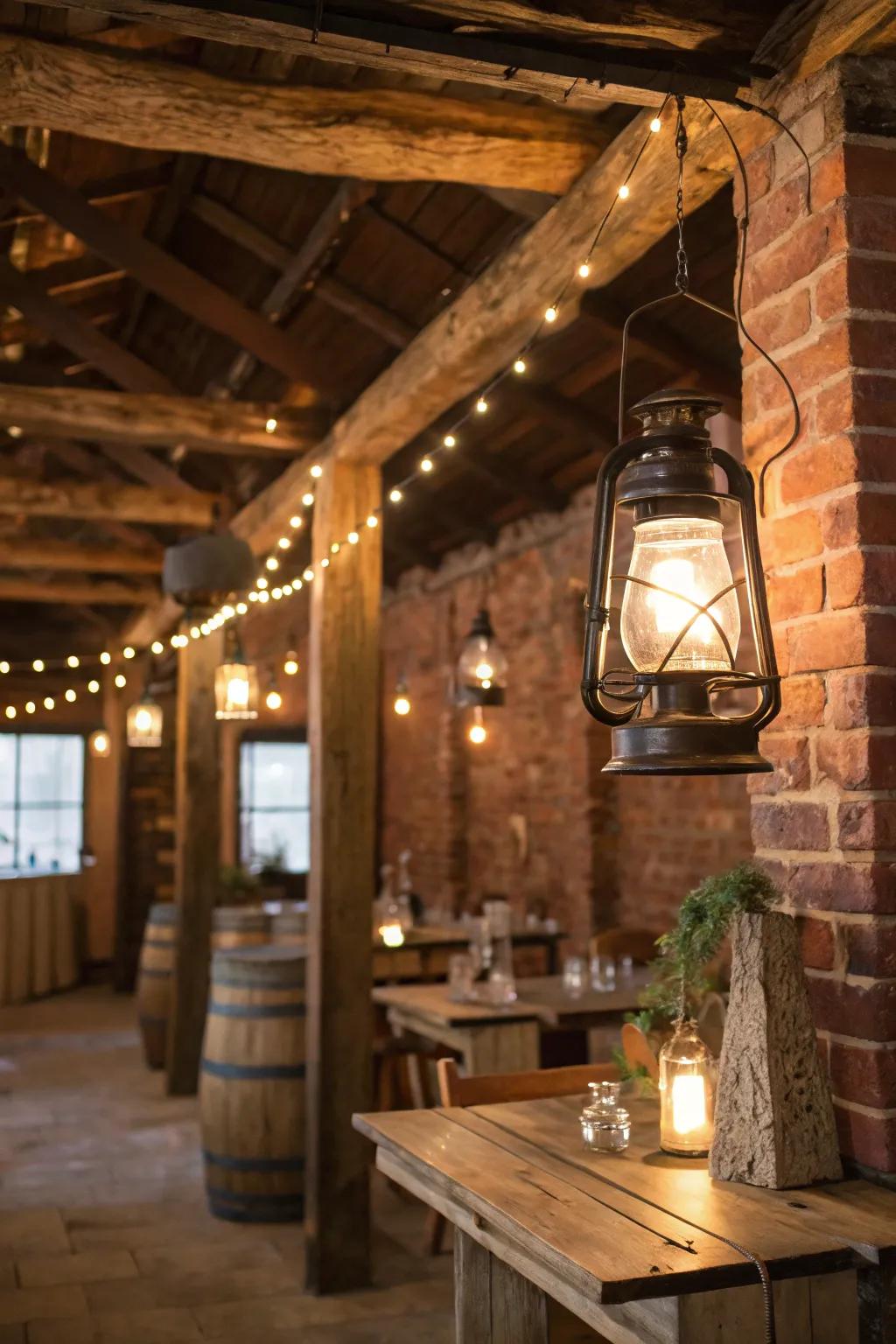 Vintage lanterns add nostalgia and charm to the décor.