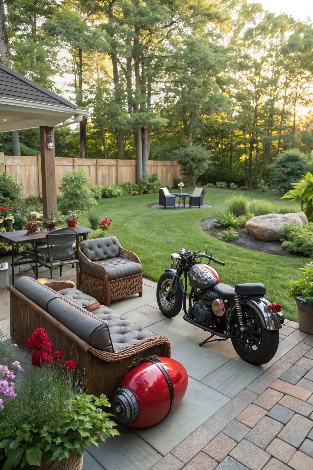 An outdoor area with motorbike-inspired touches.