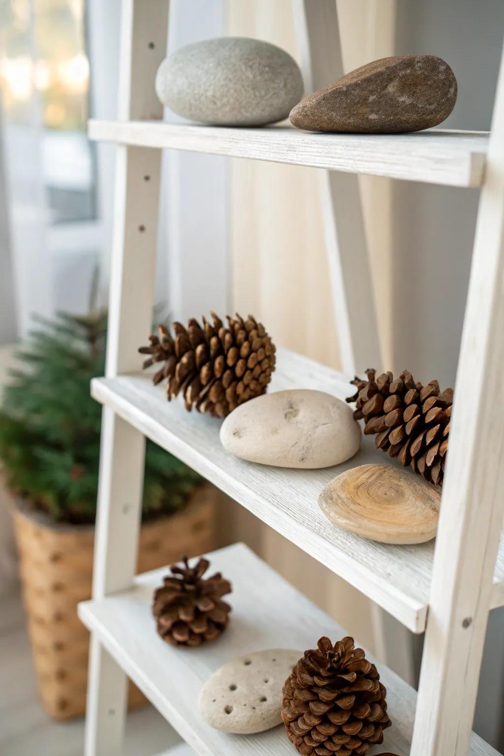 Clean and uncluttered shelving with natural decor components.