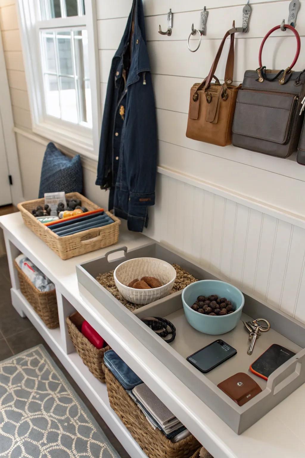 A designated landing spot helps keep personal items tidily organized.