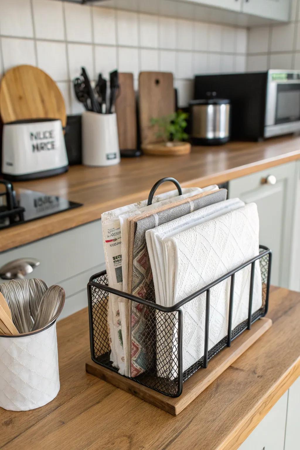 Publication holders cleverly adjusted for neat napkin organizing.