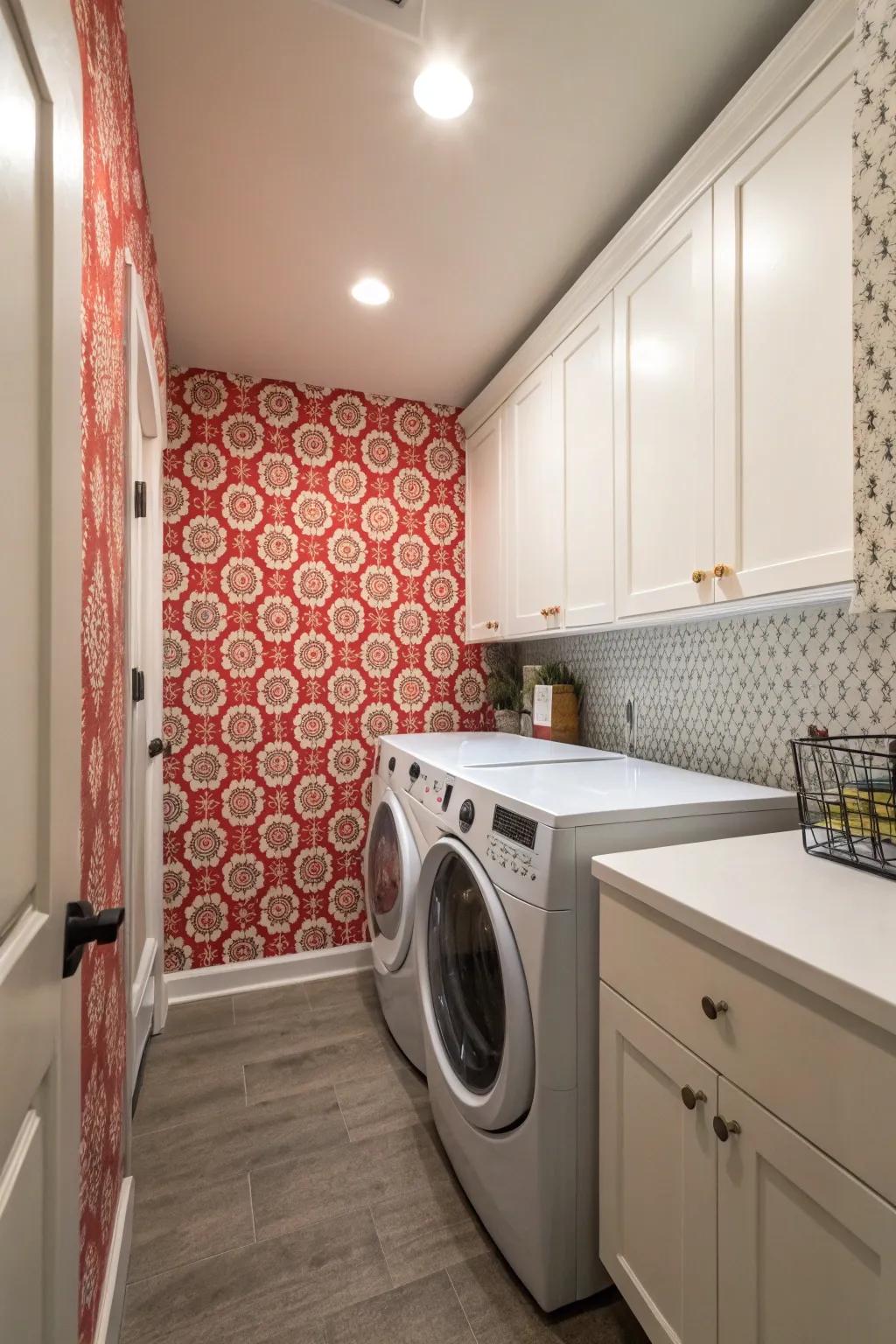A feature wall can add depth and character to a narrow laundry space.