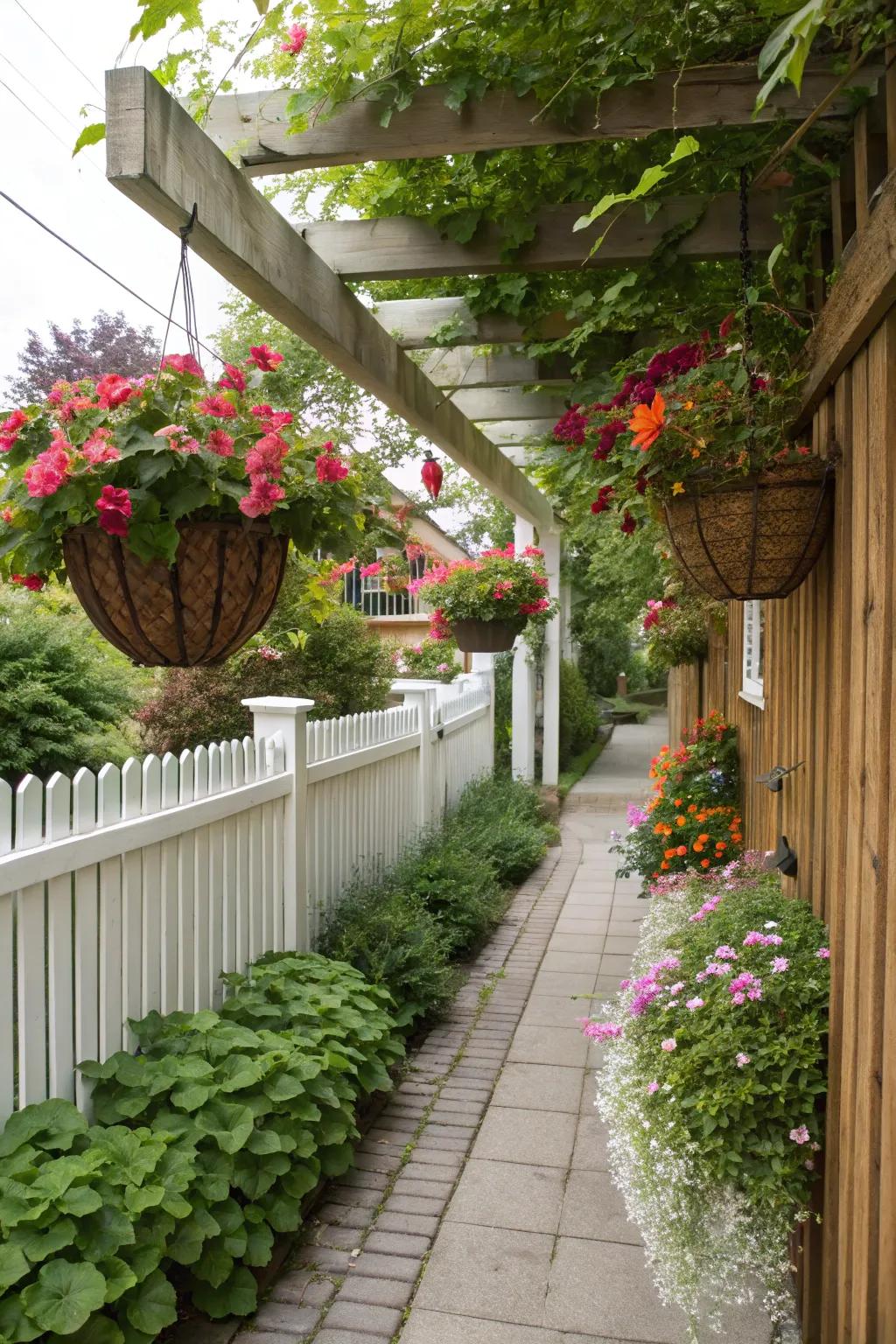 Suspending planters enrich a slender garden with exuberant verdure.