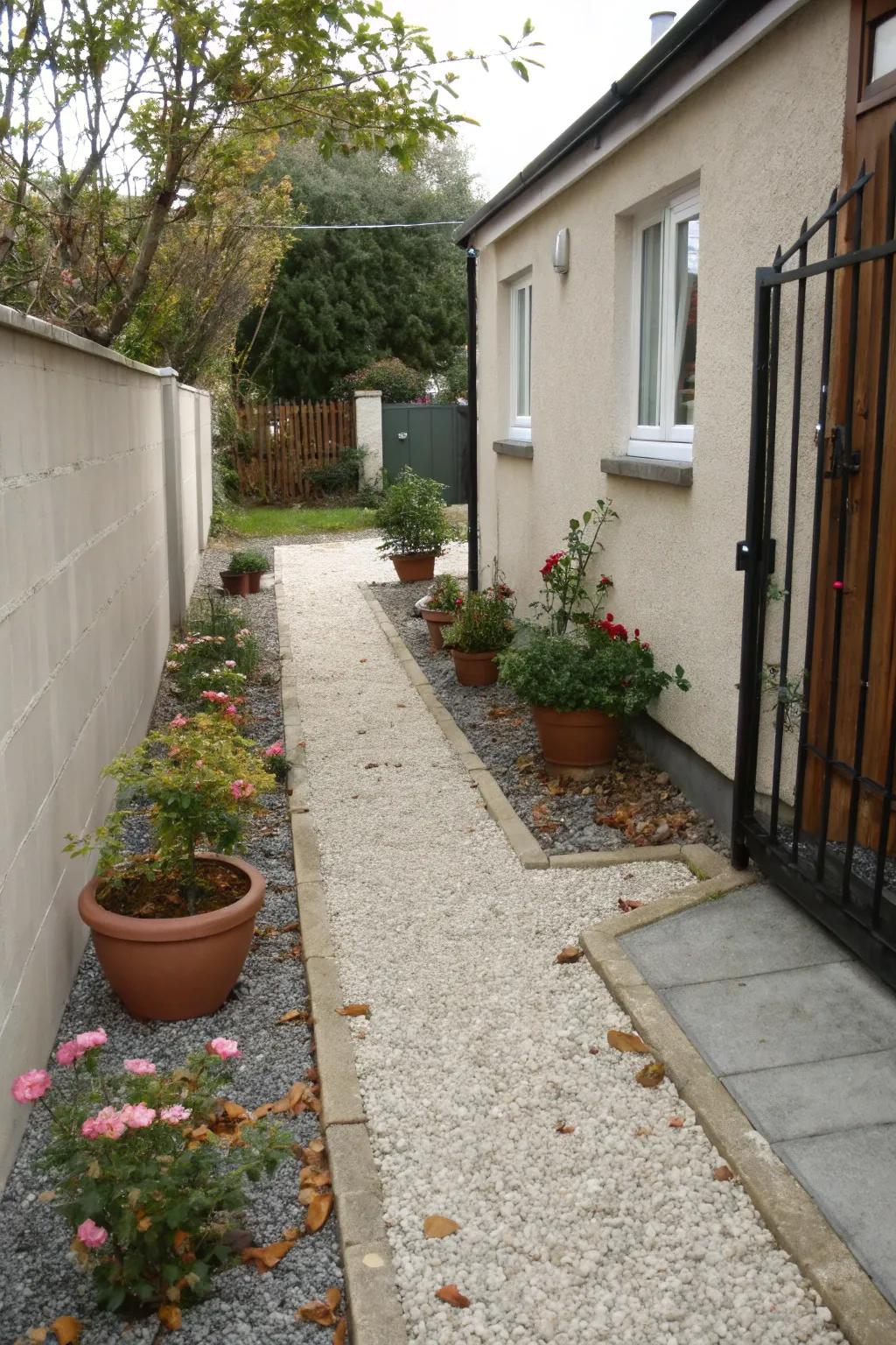 Crushed stone offers a practical and stylish ground cover for narrow side yards.
