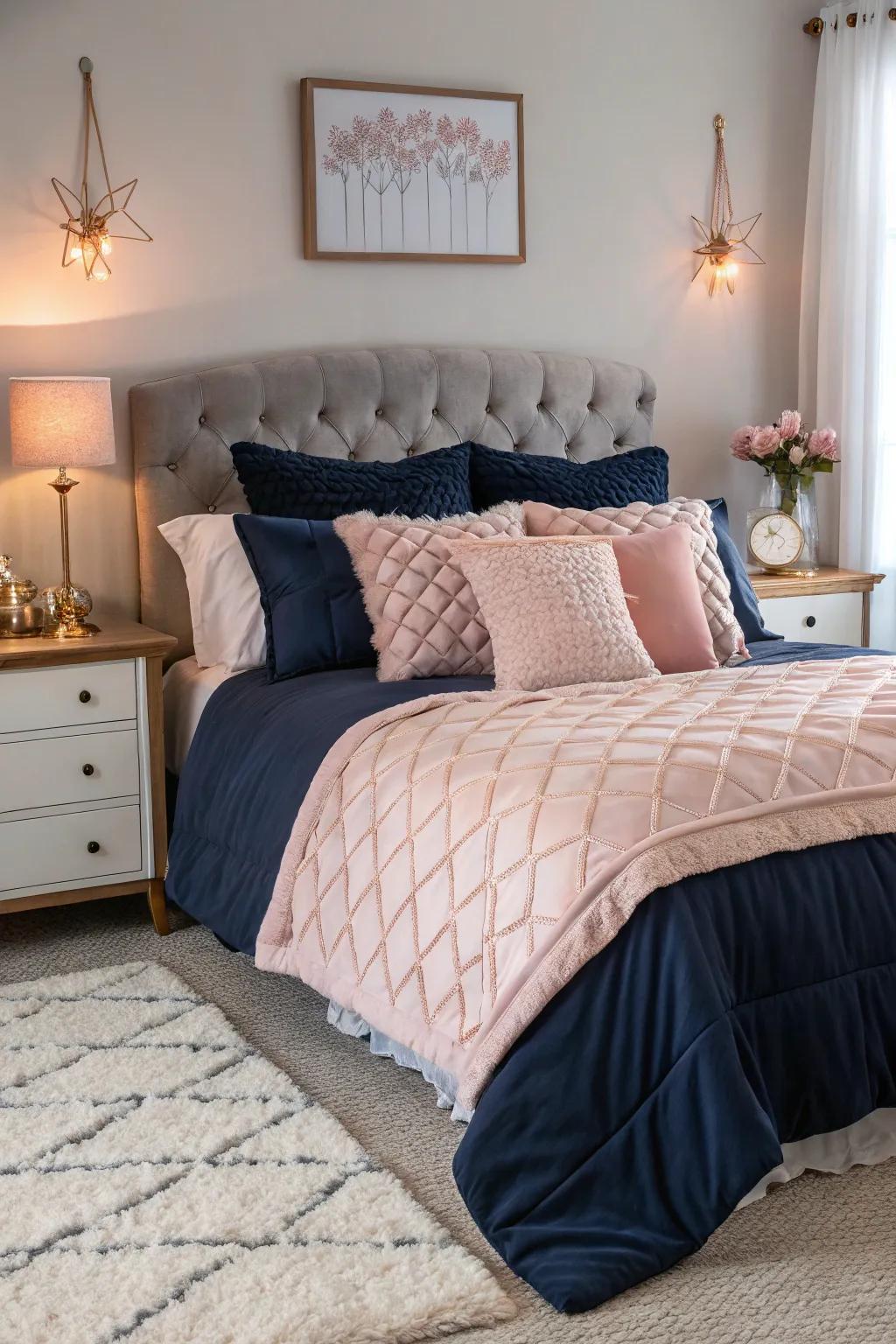 Create elegance with navy and blush pink bedding.