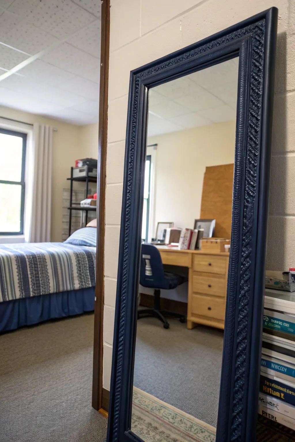 A navy-framed mirror amplifies light and style in your room.