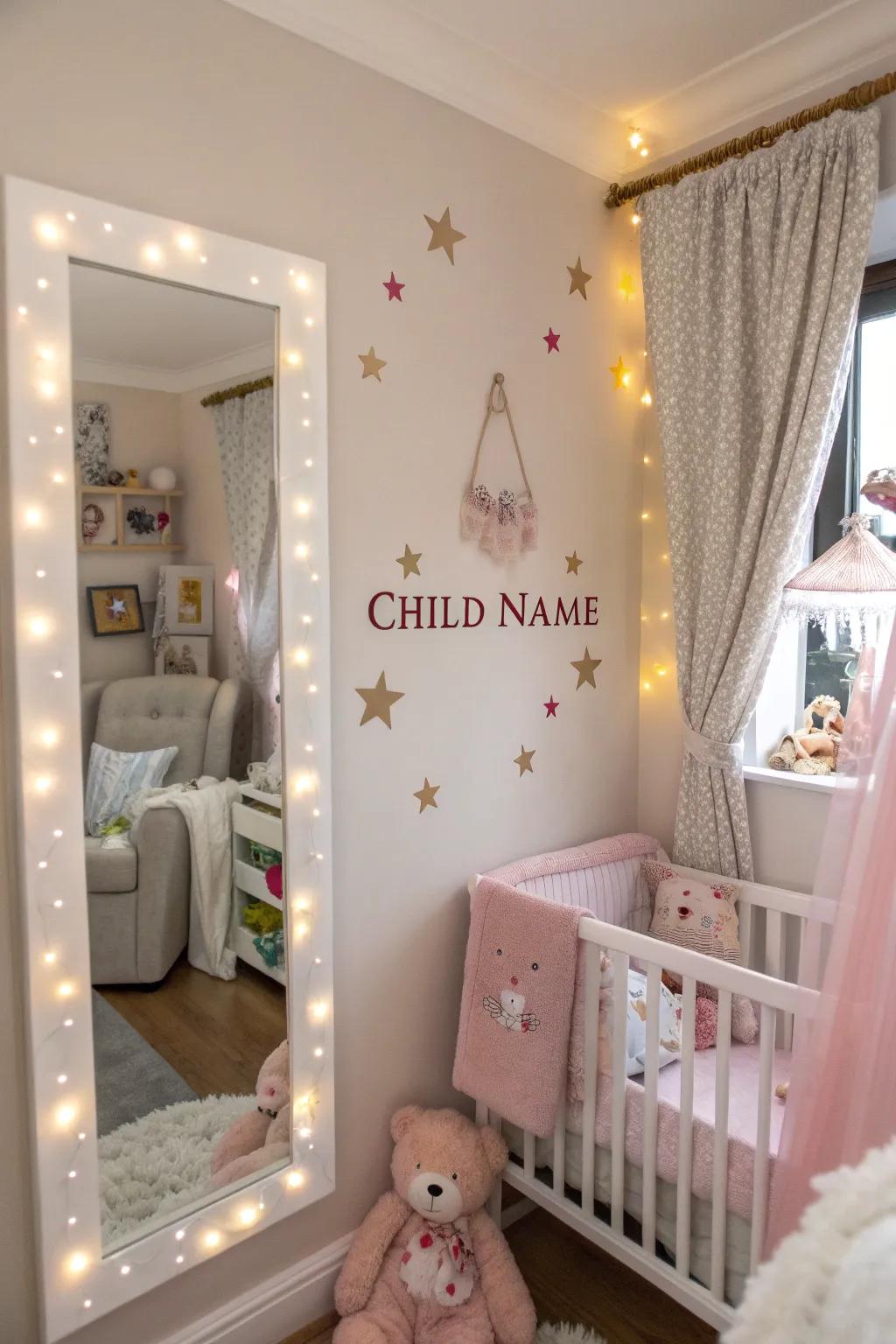 A custom reflector adds a unique, personal touch to this nursery.