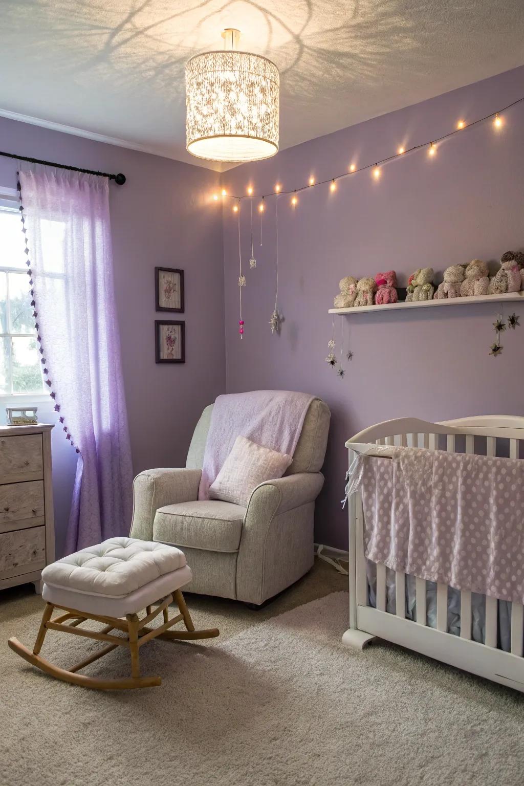 A peaceful nursery featuring lavender hues.