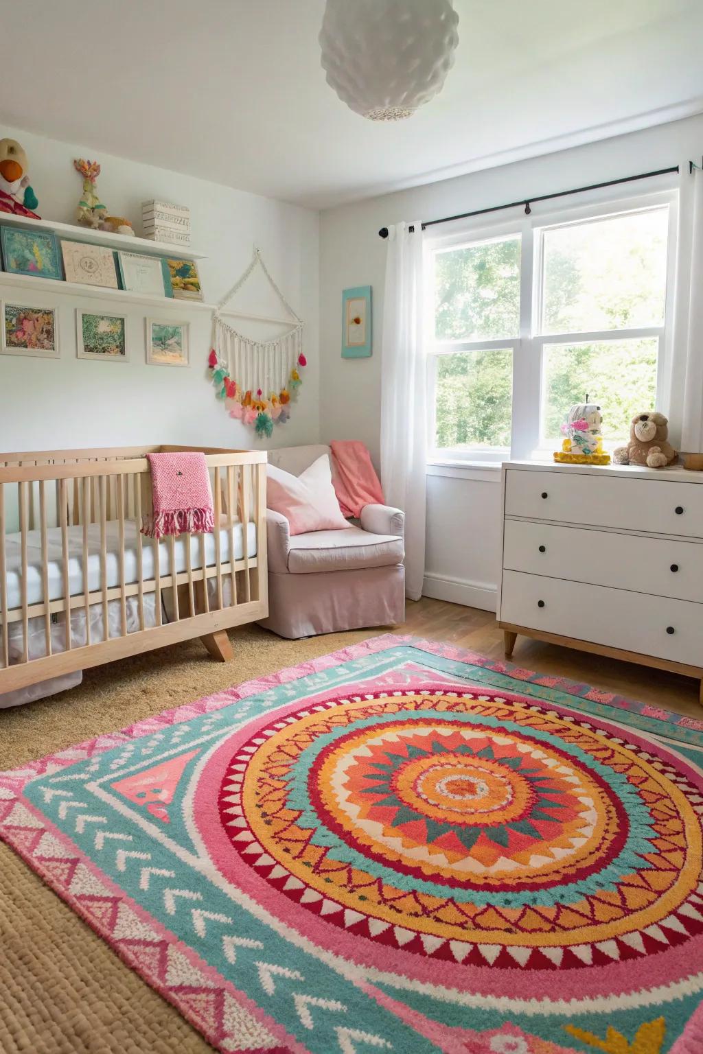 Statement floor coverings can serve as artistic focal points in the nursery.