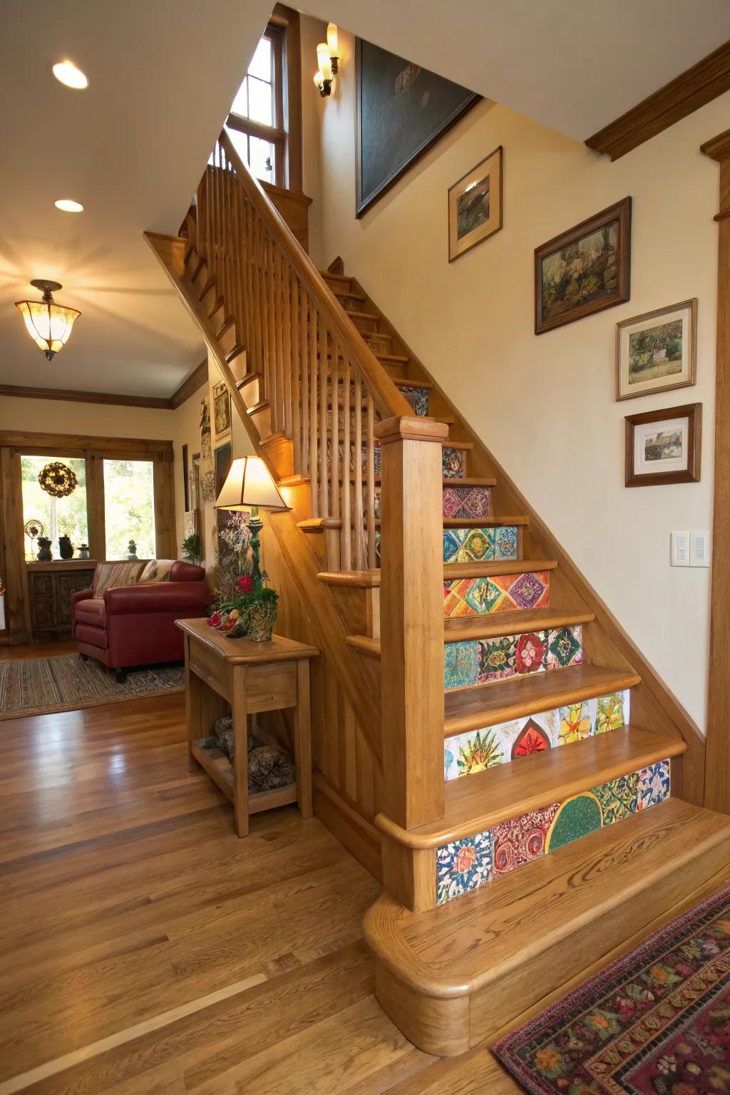 Extra colors adding a lively touch to an oak staircase.