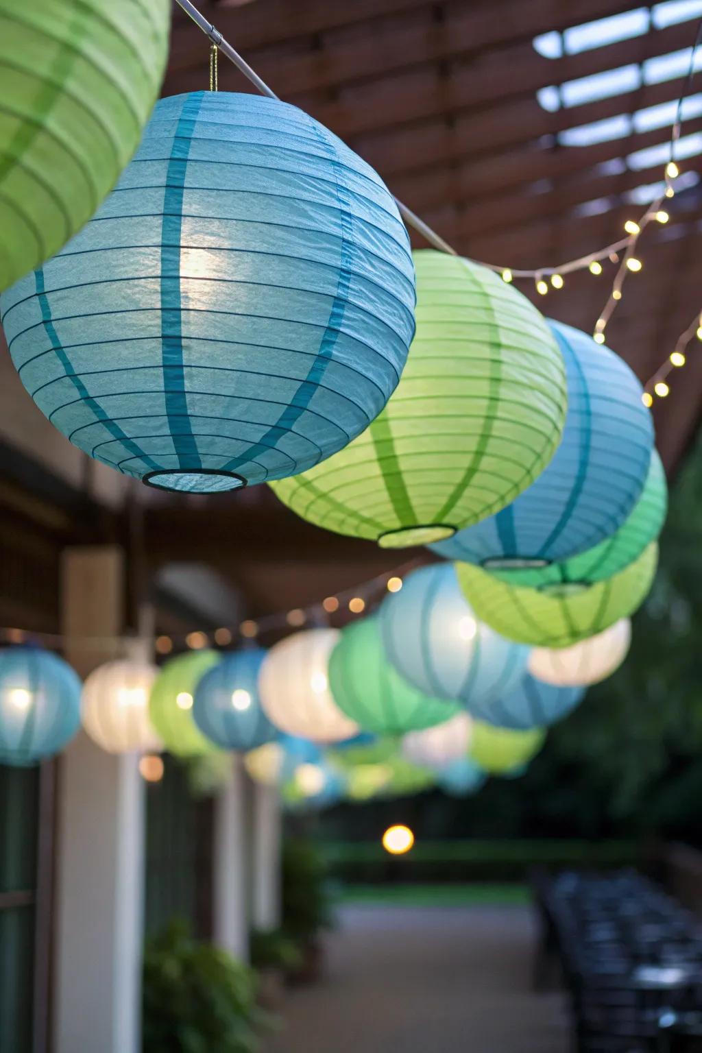 Paper lanterns casting an ethereal glow, suited for a beachside ambiance.