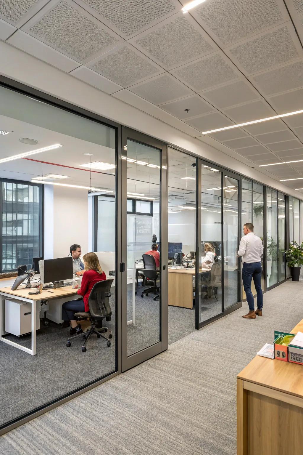 Gliding entrances introduce versatility and dynamic separation within offices.