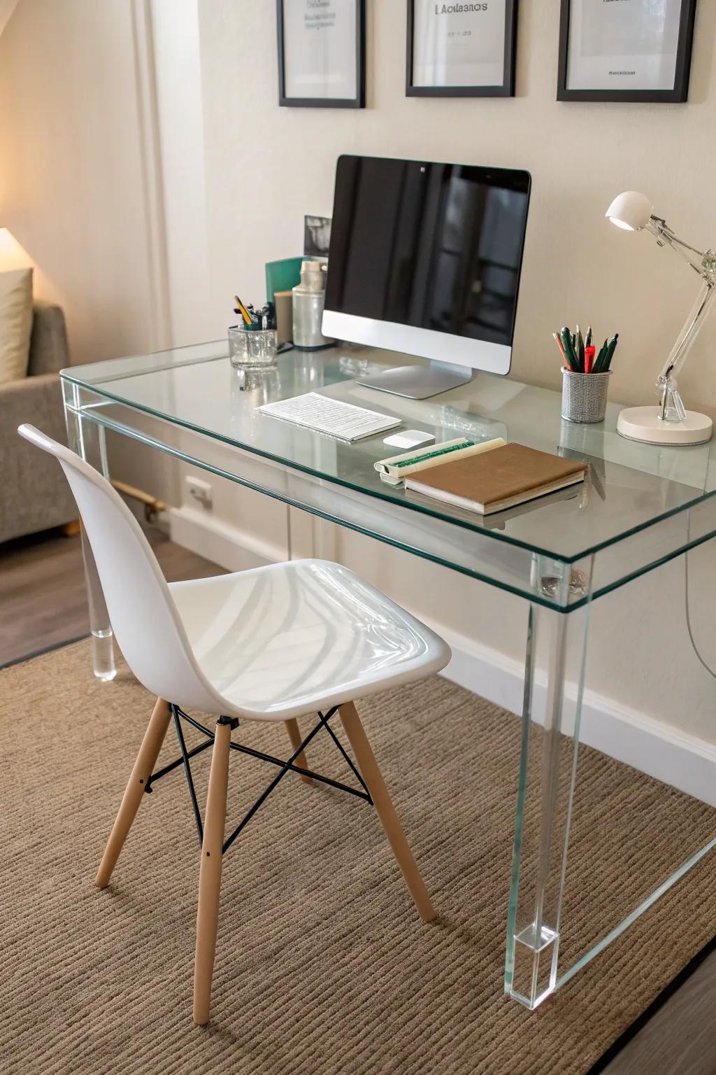 Choose clear furniture to give a small office a spacious feel.