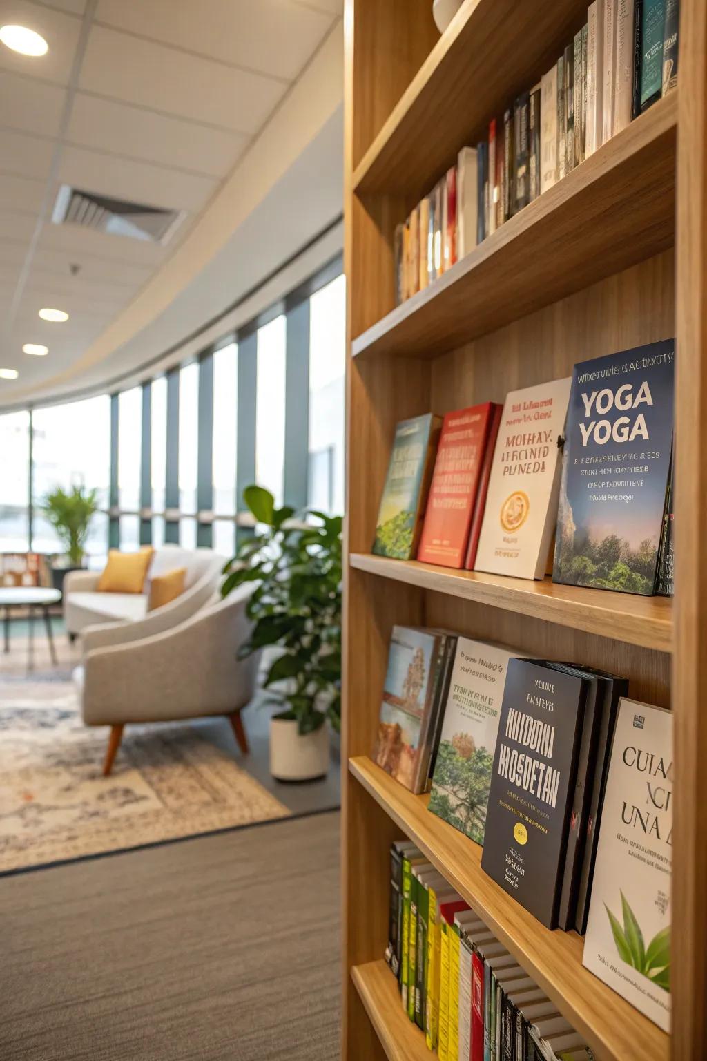 A wellness bookcase offering resources for self-care.