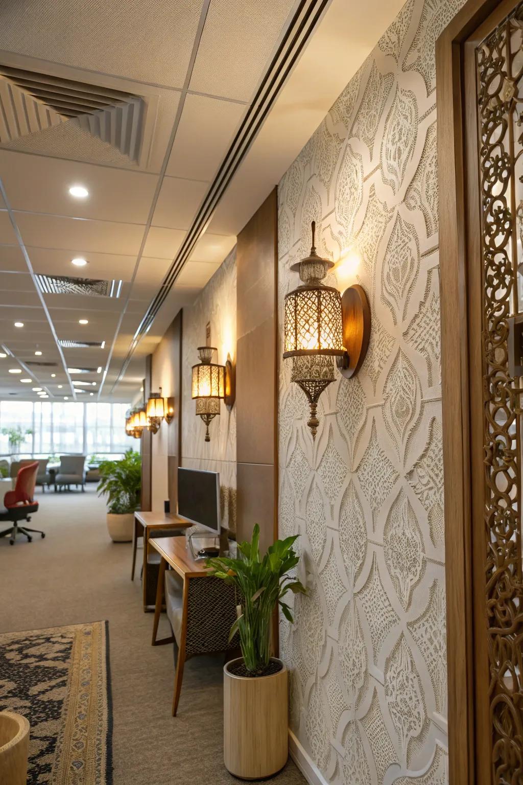 Textured sconces adding depth to the office décor.