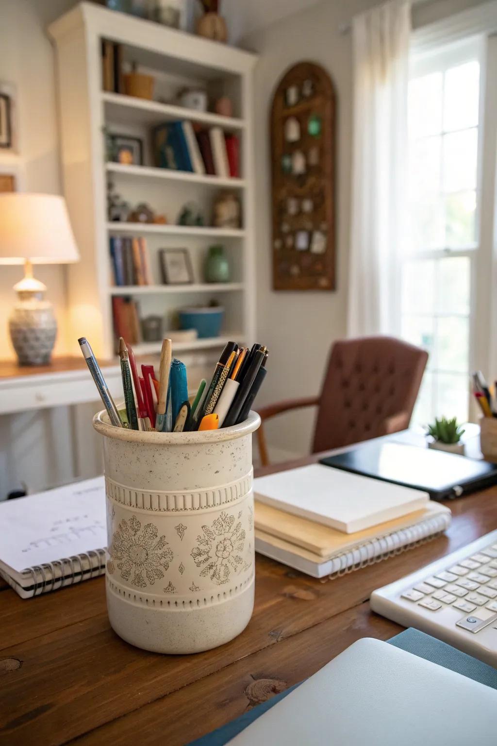 Arrange your office supplies with a chic stoneware holder.