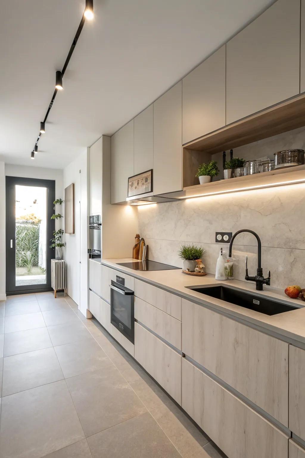 Concealed appliances craft a clean, cohesive aesthetic in a single-wall kitchen.